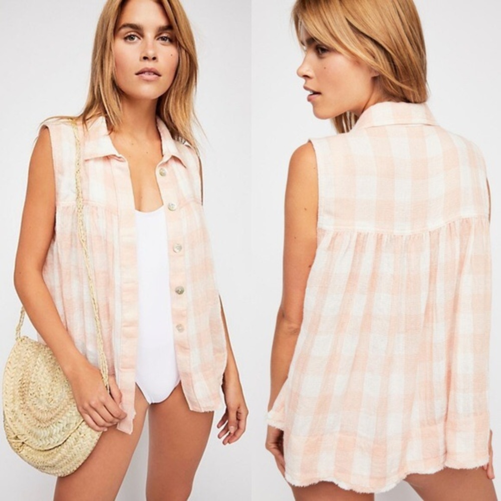 Free People Pink Plaid Sleeveless Blouse